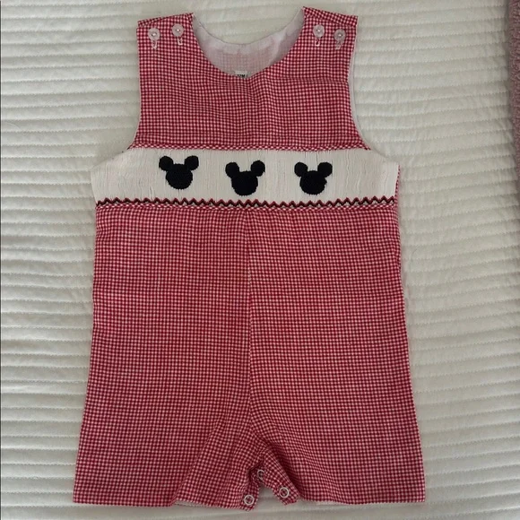 Red Gingham Baby Romper with Mickey Mouse Smock Design - Picture 1 of 3